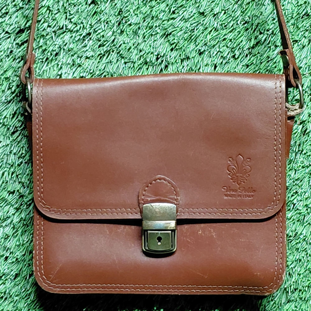 90's Vintage VERA PELLE SM Red/Brown Leather Mini Crossbody Shoulder Bag ITALY